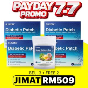 PAKEJ SEMBUH 7.7 ( 3 KOTAK GLUVERA DIABETIC PATCH + FREE 1 KOTAK + 1 GLUVERA TEA )